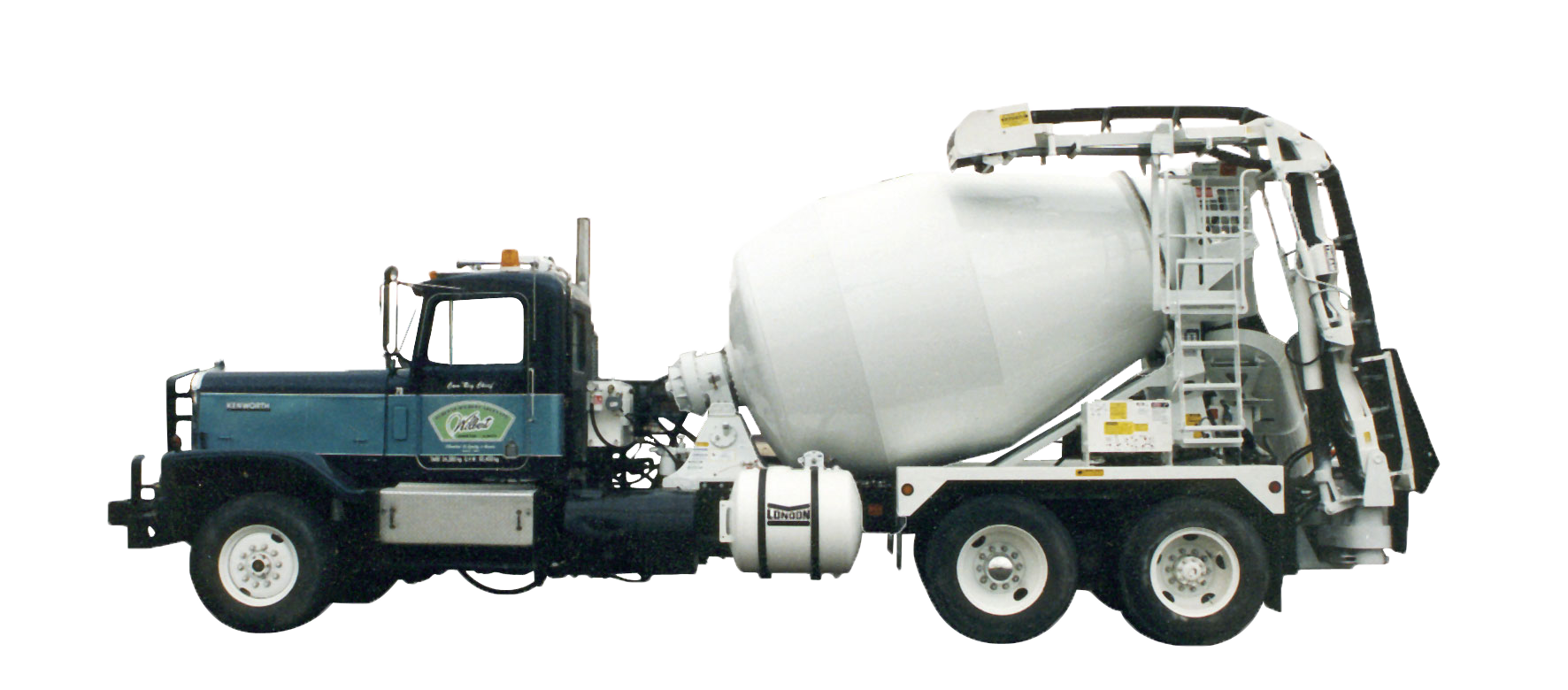 A concrete mixer truck on a white background.