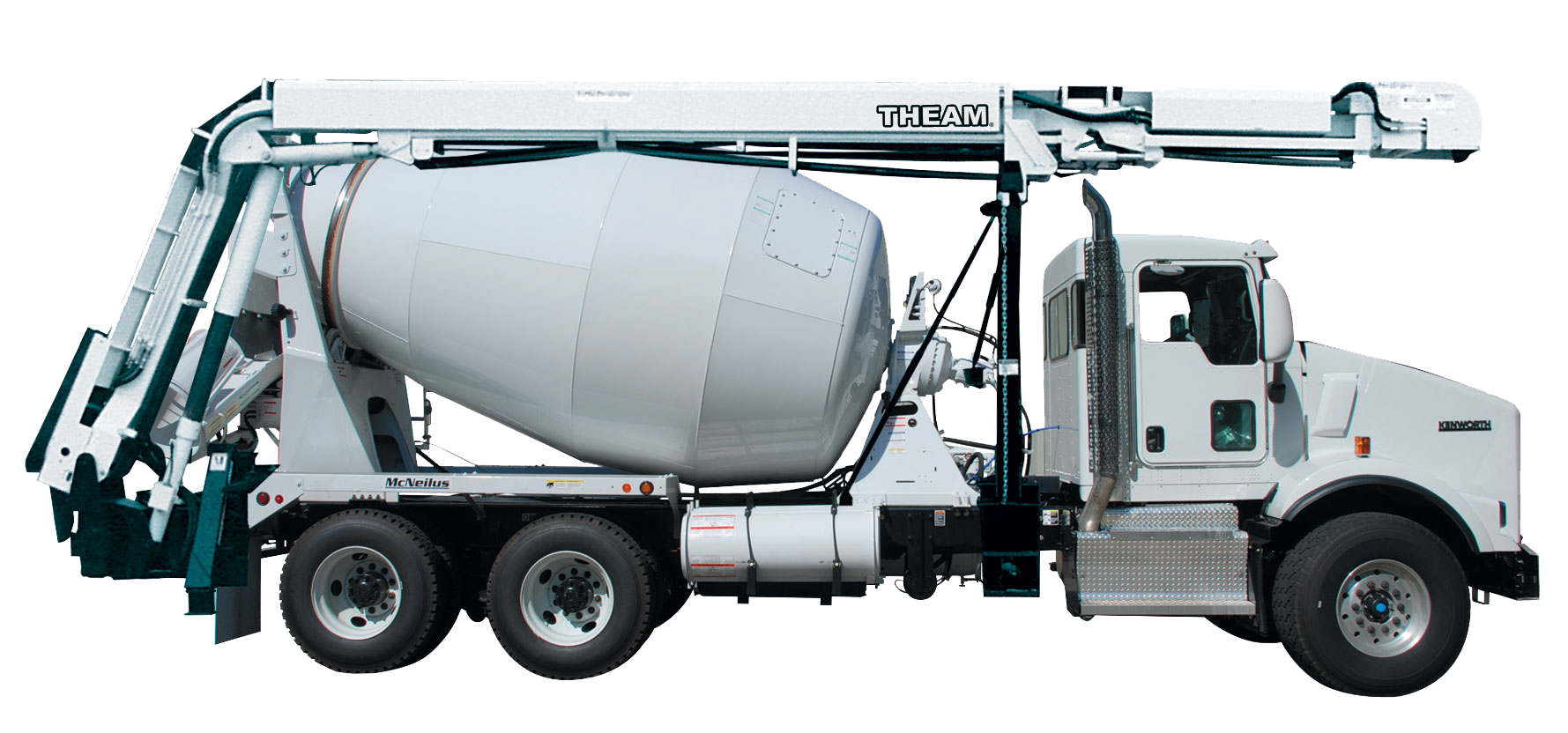 A white truck with a cement mixer attached to it.