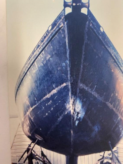 Bow of the steel-hulled sailboat
