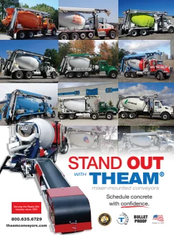 Stand Out with THEAM ad showing mixer trucks with THEAM conveyors