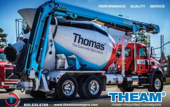 THEAM ad featuring a Thomas Concrete mixer truck with a THEAM conveyor